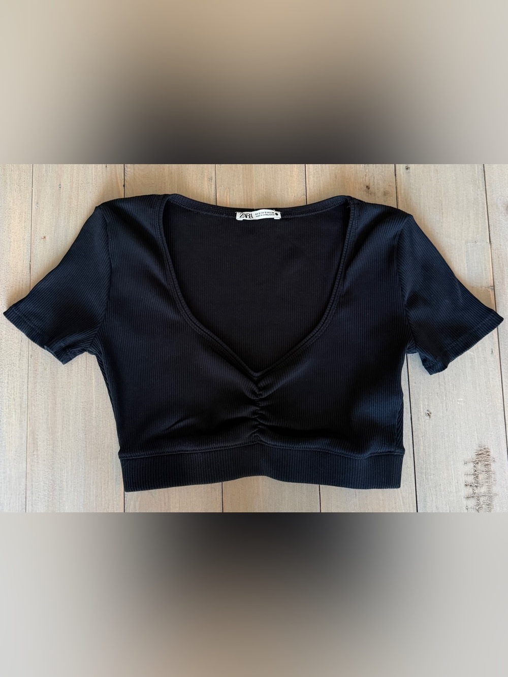 Zara Black Ribbed V-Neck Cropped Shirt Small